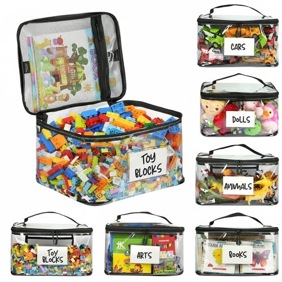 HBK 6-Pack Clear Toy Storage Bags with Labels, Extra Large TPU Organizer for Building Blocks, Dolls and Board Games