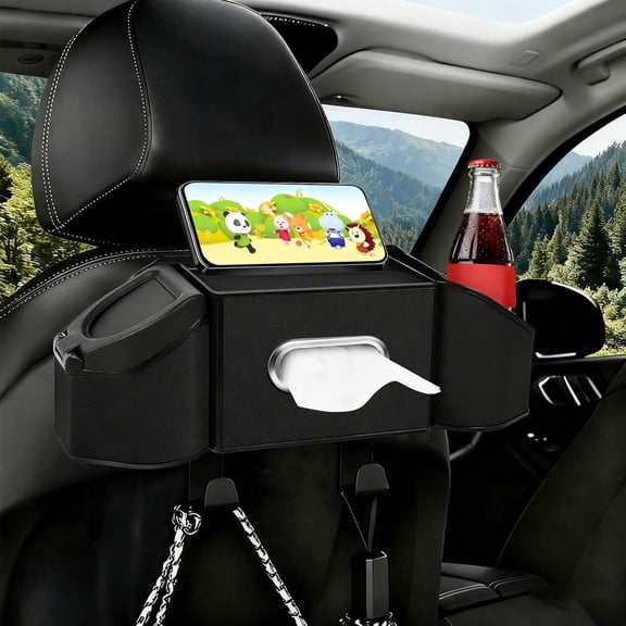 HBK Car Backseat Organizer with Cup Holders & Tissue Box, PU Leather Headrest Storage for Kids, Travel Accessories - Black
