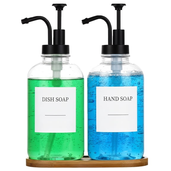HBK Glass Soap Dispenser Set 2 Pack, 18 oz Refillable Liquid Hand Dish Soap Pump Bottles with Bamboo Tray Waterproof Labels for Kitchen Sink