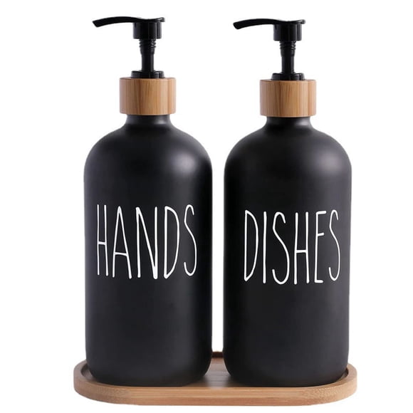 HBK Glass Soap Dispenser Set with Bamboo Tray, Matte Black Dish and Hand Soap Bottles for Kitchen Sink, 2 Count