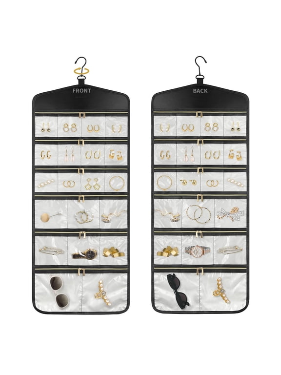 Hanging Jewelry Organizer with 40 Clear Zipper Pockets, Dual Sided Closet Jewelry Storage Bag, Travel Necklace Ring Holder, Hanging Organizer