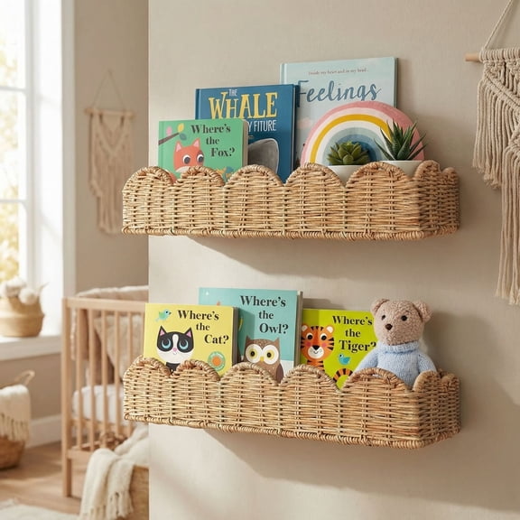 HBK Rattan Nursery Book Shelves Set of 2, 15.8 in Scalloped Wall Mounted Bookshelf for Kids Room, Boho Wicker Floating Shelves for Baby Decor