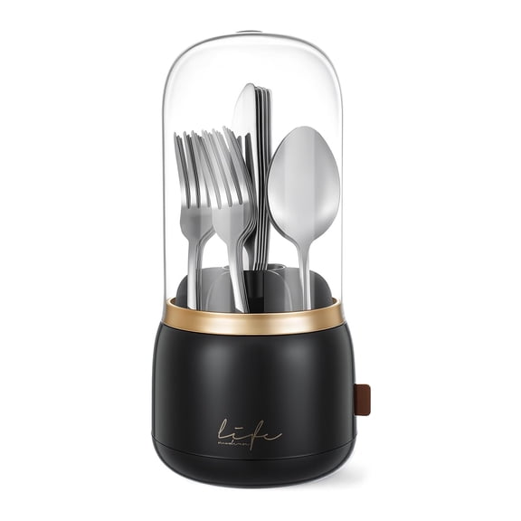 HBK Rotating Silverware Organizer with Lid - 7-Slot Kitchen Utensil Holder, Dust-Proof Cutlery Caddy with Drain for Countertop, Black