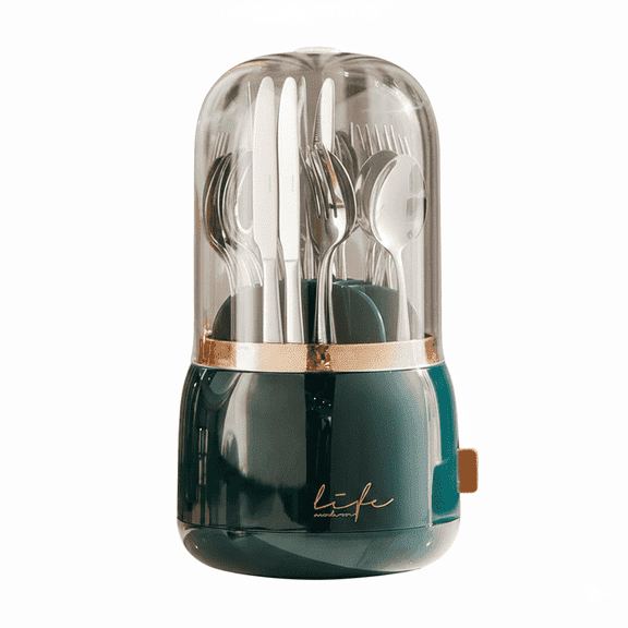 HBK Rotating Silverware Organizer with Lid - 7-Slot Kitchen Utensil Holder, Dust-Proof Cutlery Caddy with Drain for Countertop, Green