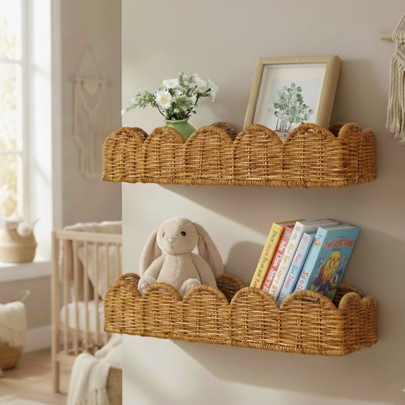 HBK Set of 2 Rattan Nursery Book Shelves, Scalloped Wall Mounted Bookshelf for Kids Room, Boho Floating Shelf, 15.7 in