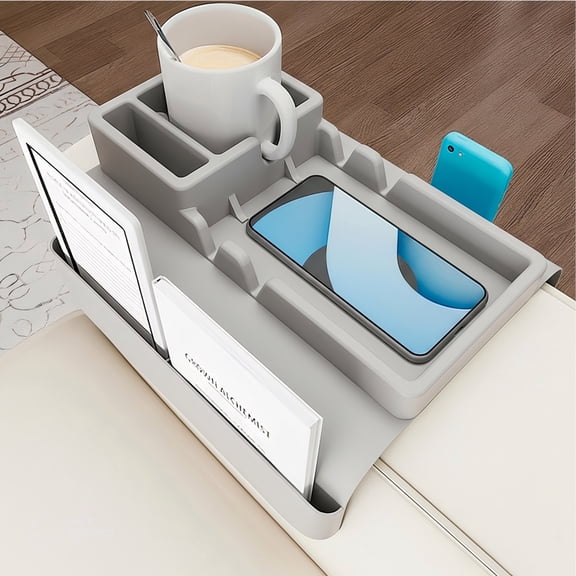 HBK Silicone Couch Cup Holder Tray, Anti-Slip Sofa Armrest Organizer with 5 Pockets for Remote Control and Snacks, Fits Wide Arms, Gray