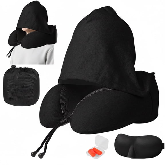 HBK Memory Foam Travel Neck Pillow with Light Blocking Hood, Adjustable Support Cushion for Airplane Sleeping, Car & Home, Black with Earplugs