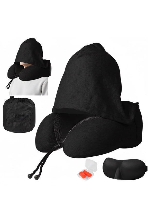 Memory Foam Travel Neck Pillow with Light Blocking Hood, Adjustable Support Cushion for Airplane Sleeping, Car & Home, Black with Earplugs