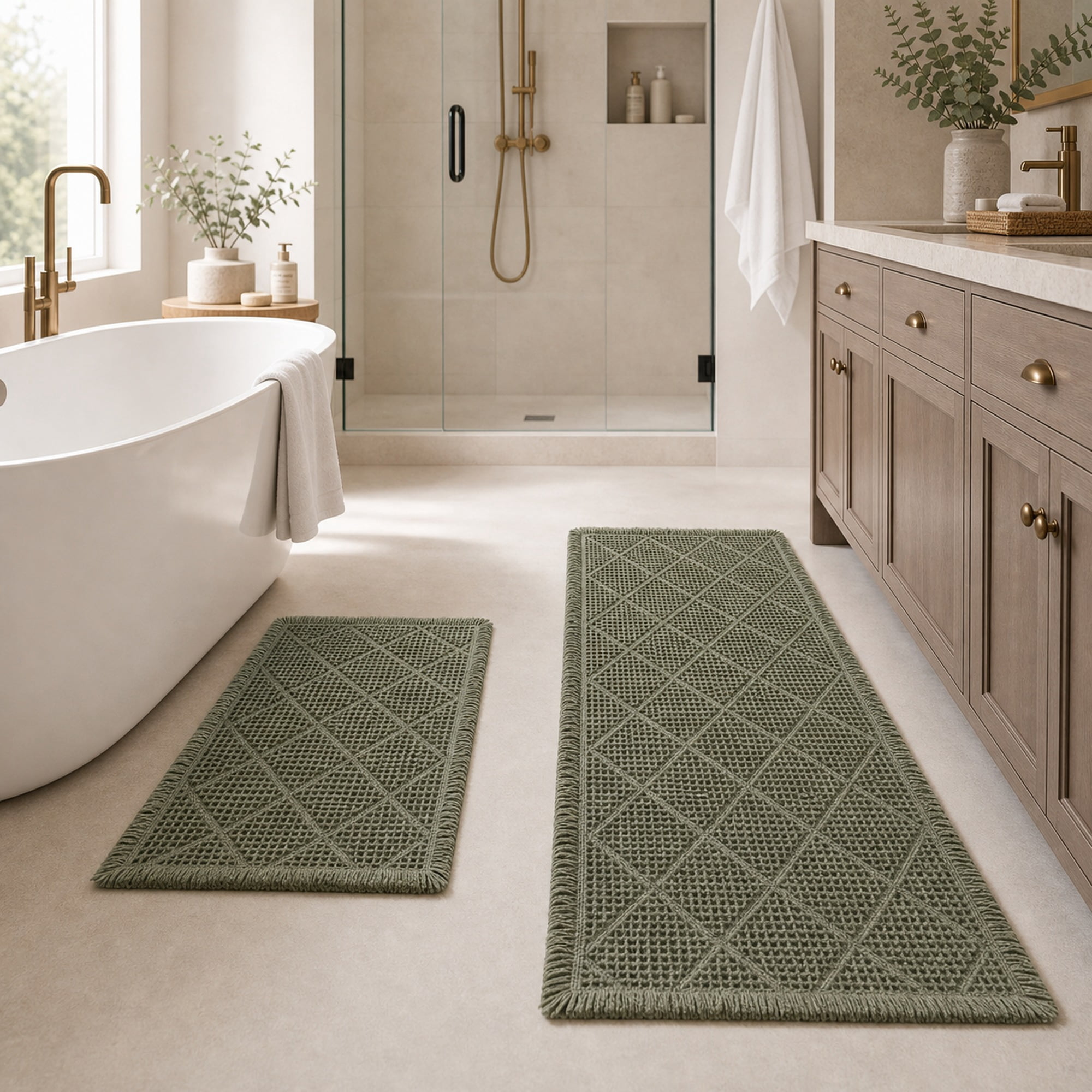 HBK 2 Piece Waffle Bath Mat Set, Non-Slip Bathroom Rugs, Absorbent & Machine Washable Shower Runner, Green, 20 x 47 and 18 x 30 Inches