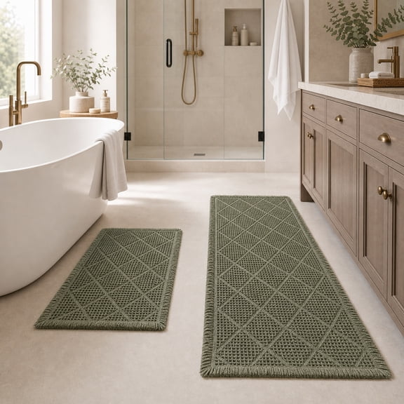 HBK 2 Piece Waffle Bath Mat Set, Non-Slip Bathroom Rugs, Absorbent & Machine Washable Shower Runner, Green, 20 x 47 and 18 x 30 Inches