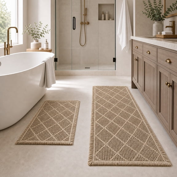 HBK 2-Piece Waffle Bath Mat Set, Non-Slip Absorbent Bathroom Rugs, Machine Washable Khaki Floor Mats (20 x 47 in, 18 x 30 in)