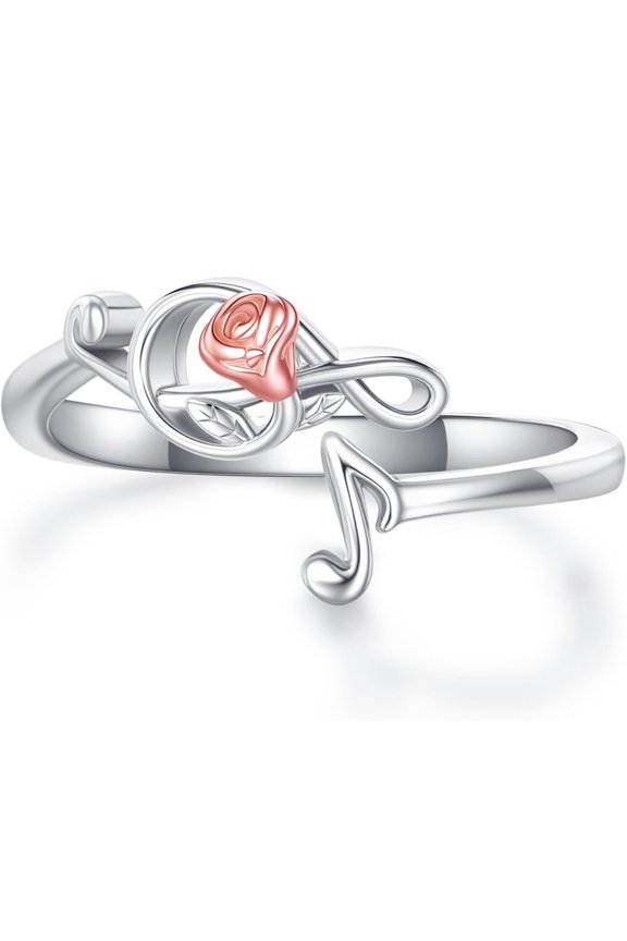 Music Rings 925 Sterling Silver Rose Music Note Open Ring Musical Jewelry for Women