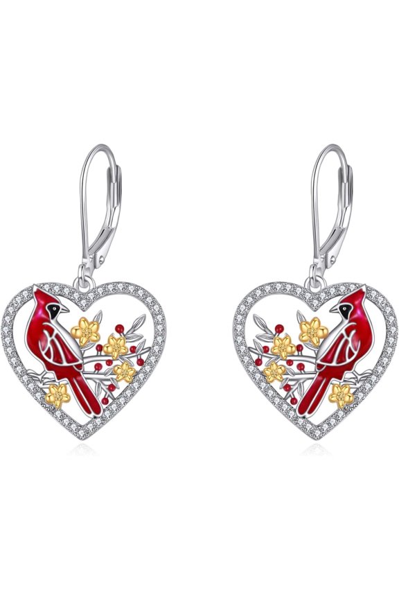 Red Cardinal Earrings for Women 925 Sterling Silver Cardinal Heart Earrings Dangle Bird Jewelry Gifts