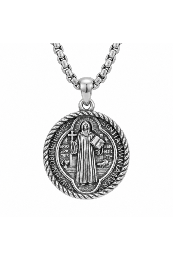 St. Benedict Medal Pendant Necklace Sterling Silver Patron Saint Amulet Medal Religion Jewelry Catholic Protection Jewelry for Men