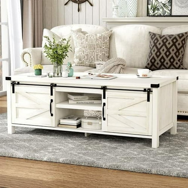 HBLUKDL Farmhouse Coffee Table with Sliding Barn Doors and Living Room ...