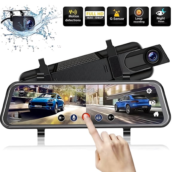 HBMYN 10" 1080P Mirror Dash Cam,Full Touch Screen Backup Camera Front and Rear View Parking Monitor with Super Night Motion Detection, G-Sensor - Super Night Dash Cam Front and Rear