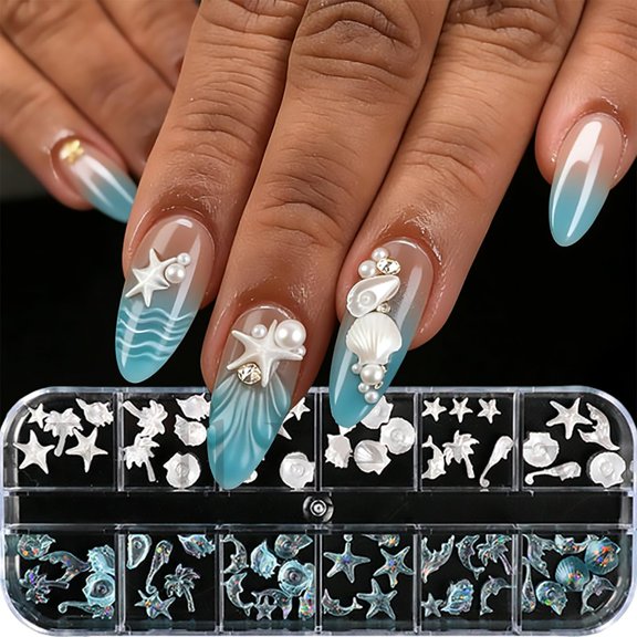 HBMYN 12 Grids Summer Beach Nail Charms 3D Resin Blue White Laser Starfish Shell Conch Palm Trees Dolphin Nail Art Charms Summer Ocean Theme Rhinestones for Acrylic Nails Women Manicure Supplies