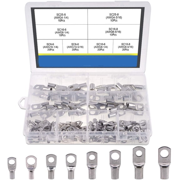 HBMYN 125Pcs Marine Grade Heavy Duty Tinned Copper Wire Lugs Battery Cable Ends Eyelets SC Ring Terminal Connectors Assortment Kit Tinned Copper wire lugs