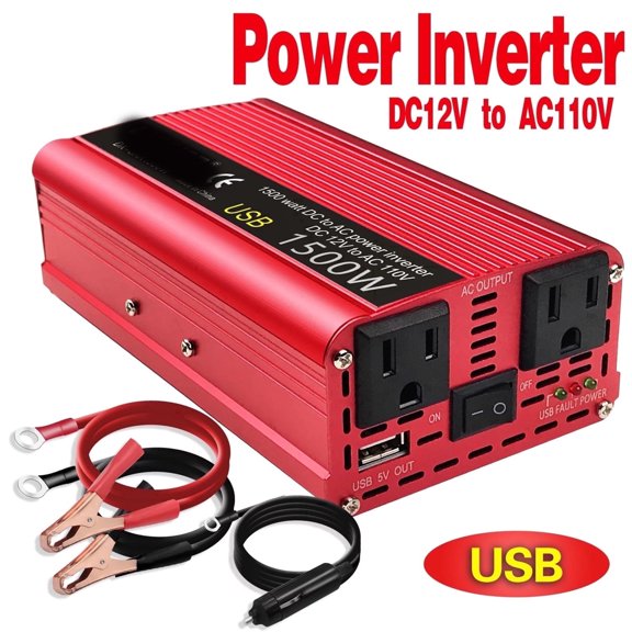 HBMYN 1500 Watts Peak Power Inverter Car Converter Adapter USB Charger Modified Sine Wave DC 12v to AC 110V 1500 watt inverter Red