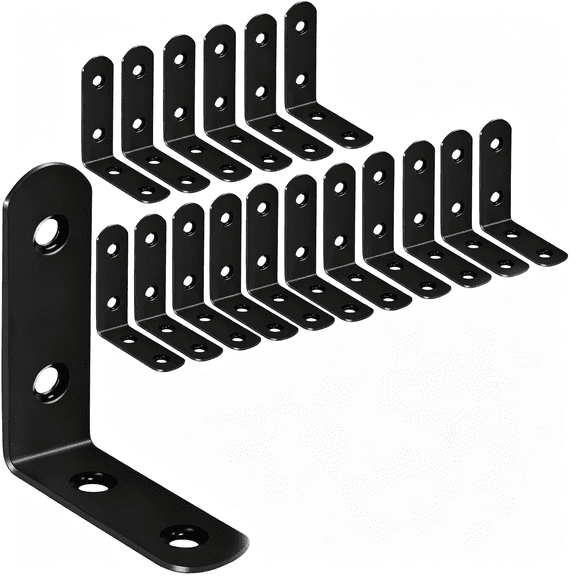 HBMYN 18-Pack L Shape Corner Brackets,Stainless Steel Metal Angle Braces for Wood Furniture,Heavy Duty Black 2 inch Shelf Bracket with Long Screws for Household Project (L Shape Black)