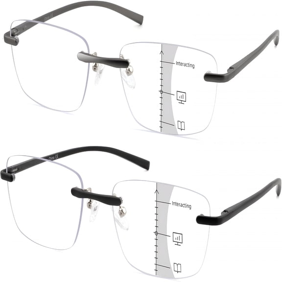 HBMYN 2 Pack Ultra Lightweight Rimless Progressive Multifocus Reading Glasses for Men,Blue Light Blocking Computer Readers