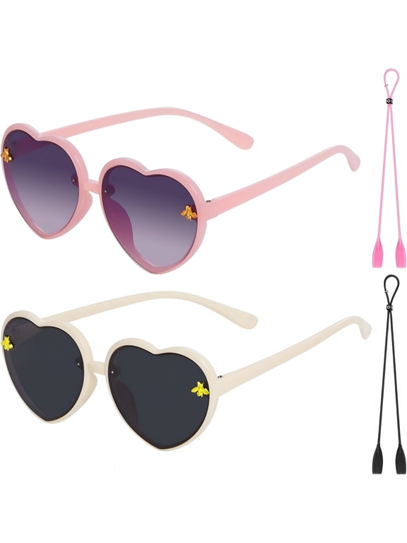 2 Pcs Kids Heart Shaped Sunglasses Cute Bee Glasses with Strap for Girls Boys Age 3-10 Uv400 Protection Outdoor Beach