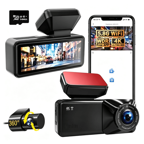 HBMYN 2026 New Dashcam Pro 3.0 4K Front and Rear Dash Cam, 4K + 1080P Dash Camera for Car with Night (WiFi+GPS+128GB) - 4K Dash Cam Front and Rear