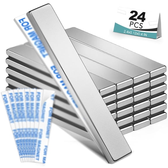 HBMYN 24 Pack Strong Neodymium Bar Magnets, 60 X 10 X 3 Mm | Rare Earth Neodymium Magnets with Double-Sided Adhesive Perfect for Fridge, Garage, Kitchen, Craft, Office