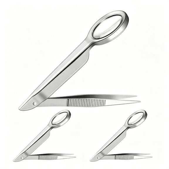 HBMYN 3 Pieces Magnifying Glass Tweezers Splinter Tweezers with Magnifying Glass Handheld Magnifier Forceps Portable Repairing Loupe Tool for Scientific Jewelry Inspection (10 Times)