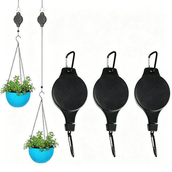 HBMYN 3Pack Retractable Plant Hanger Pulley System with Adjustable Rope Clips-Heavy-Duty for Indoor & Sheltered Outdoor Use(Max 15kg), Sturdy Retractable Plant Hanger