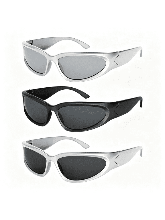 3Pack Y2K Wrap Around Sunglasses for Men Women Silver Glasses Retro 90S Fashion Sport Shades Eyeglasses Retro Style Rave Sunglasses
