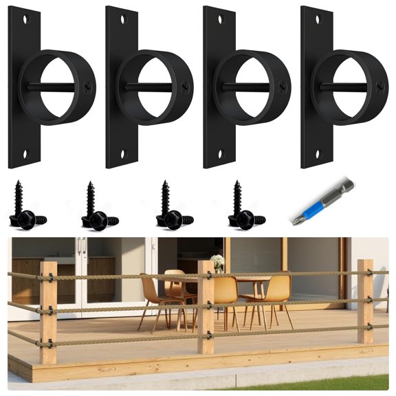 HBMYN 4 Packs 1.5inch Black Rope Support Holder with Cross Screw | Securing Rope Drop Ring Brackets Stainless Steel Decorative for Hemp Rope Fencing Stair Deck Railing Ceiling Hook