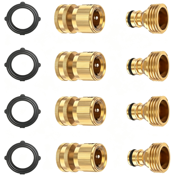 HBMYN 4 Sets Garden Hose Quick Connector Set, Solid Brass 3/4 Inch Water Fitings Thread Easy Connect No-Leak Male Female, Durable Quick Connect Hose Fittings