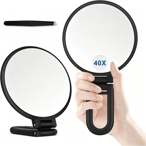 HBMYN 40X Magnifying Mirror, Hand Mirror for Makeup, Double Sided with 40X/1X Magnification, Travel Essential, Portable Foldable for Desktop and Bathroom, Gift for Women, Black
