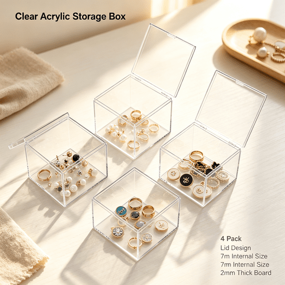 HBMYN 4Pcs Clear Acrylic Plastic Storage Box Square Cube Display Case with Lid Container Box acrylic display cases for collectibles for Small Item 2.76x2.76x2.76"