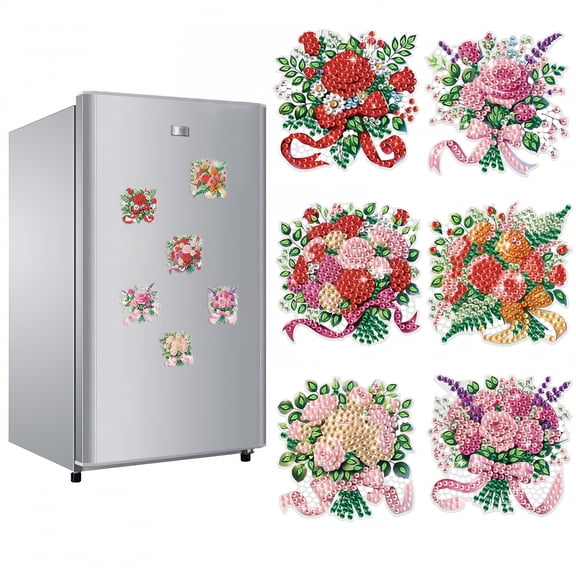 HBMYN 6Pcs Diamond Painting Kit Fridge Magnets Vibrant Floral Diy Glitter Magnetic Stickers Creative Handmade Fridge Decor Perfect for Kitchen Accents and Holiday Gifts