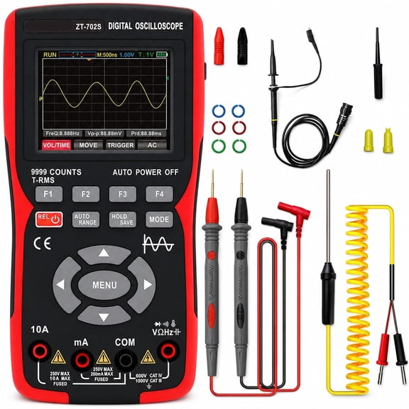 HBMYN 702S 2 in 1 Handheld Automotive Oscilloscope Multimeter-10MHz Bandwidth 48MS/s Sampling Rate,Auto-Ranging 9999 Counts T-RMS Multimeter with Temperature Tester for Electronics Repair Test