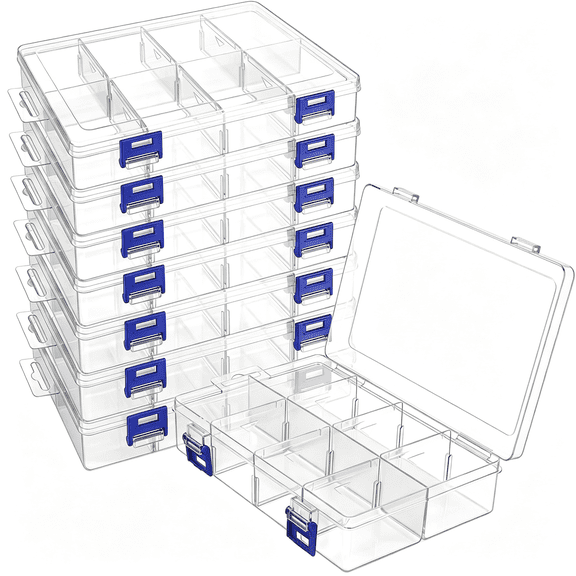 HBMYN 8 Pcs Plastic Compartment Storage Box with Adjustable Dividers, Small Organiser Box 8 Grids Clear Stackable Container for Jewelry Beads Earrings Accessories