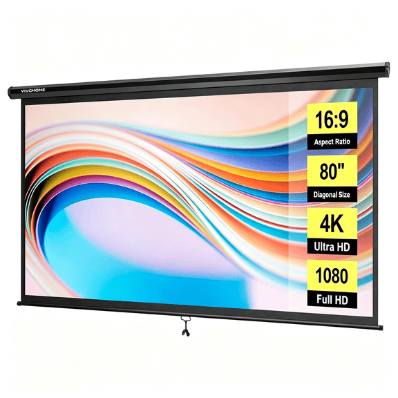HBMYN 80 inch Manual Pull Down Projector Screen,16:9 HD Retractable Projector Screens with Auto Locking for Movie Home Theater Cinema Office Video Game,Black(70Wx40H Inch Display Area)