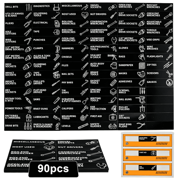 HBMYN 90 Pcs Magnetic Toolbox Labels  3.5"X1" Large Tool Box Stickers,Strong Magnets for Tools Chest Drawer Organization  Fits Tool Box Accessories & All Steel Tools Cabinets