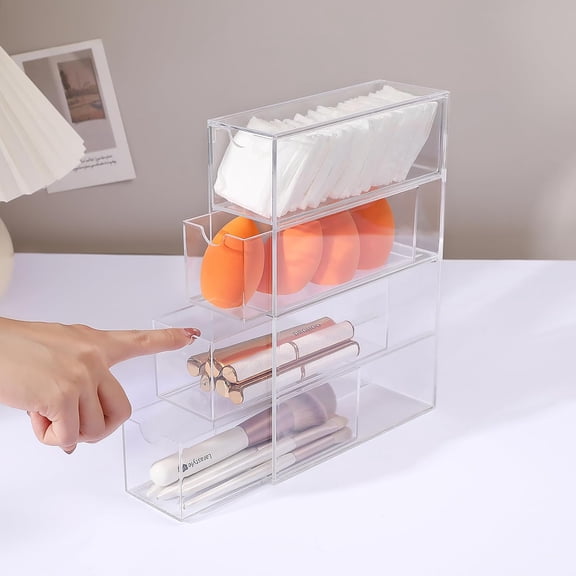 HBMYN Acrylic Stackable Drawer Organizer with 4 Clear Drawers for Bathroom & Vanity Makeup Storage, Durable Acrylic Drawer Organizer