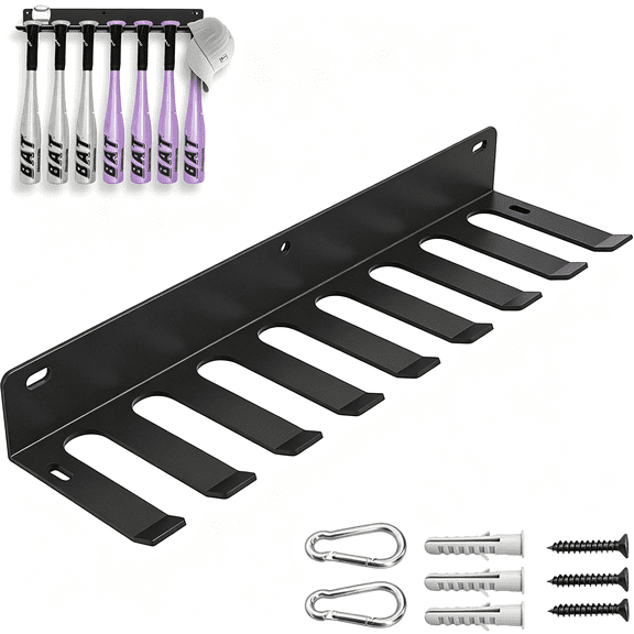 HBMYN Baseball;Softball Bat Holder,Wall Mount Baseball Bat Rack,Black,1 Pack|Heavy-duty steel,holds 16 bats,clips onto dugout fences,for home garages and ballparks,for team equipment storage