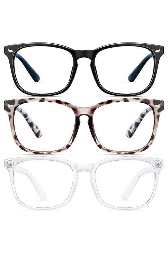 Blue Light Blocking Glasses-3 Pack Fashion Square Fake Eyeglasses,Anti Uv Ray Computer Gaming Glasses,Blue Blockers Glasses for Women/Men,Matte Black+Leopard+Transparent