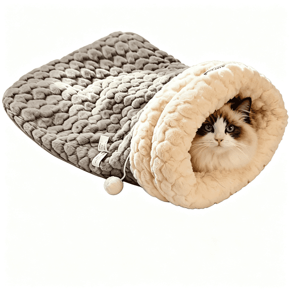 HBMYN Cat Sleeping Bag, Self Warming Cat Cave Bed, Soft Plush Pet Hideaway for Indoor Cats & Kittens, Cozy Cat Bed Nest Sack for Winter cat sleeping bag (Grey, Large)