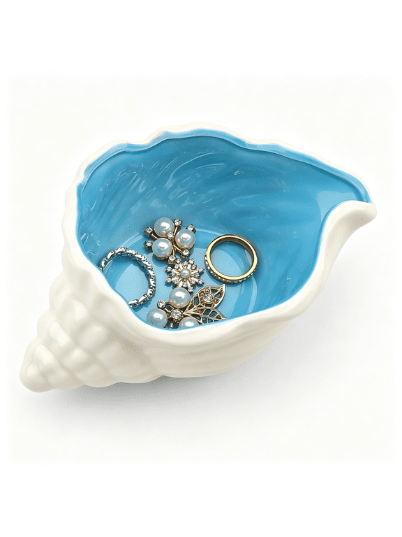Conch Shell Jewelry Dish Ceramic,Blue Coastal Decor Jewelry Tray,Shell Trinket Dish for Rings Earrings,Ocean Themed Vanity Tray Jewelry Organizer for Bedroom Bathroom Desk,Gift for Women
