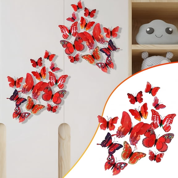 HBMYN Cute 3D Butterfly Refrigerator Magnets Plastic Waterproof Magnet Decals Strong Hold for Kitchen Home Office Whiteboard Locker Decor Gift Butterfly Decorations Red 12Pcs