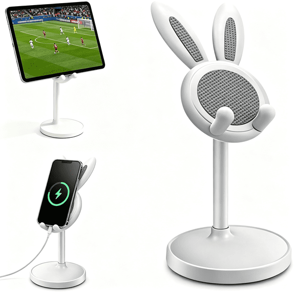 HBMYN Cute White Bunny Desk Phone Stand,Adjustable Phone Holder with Stable Base|Compatible with iPhone,Android,Kindle,Switch,Tablets 4-10"support; ideal for offices,video calls,streaming&reading