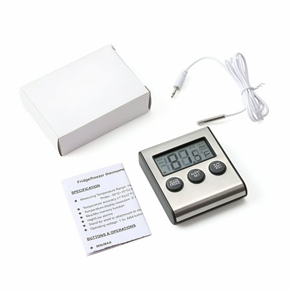 HBMYN Digital Refrigerator Thermometer with LCD Display, Freezer Temperature Monitor with Max Min Records and Audible Alarm, Indoor Room Fridge Thermometer with Probe and Magnet Mount