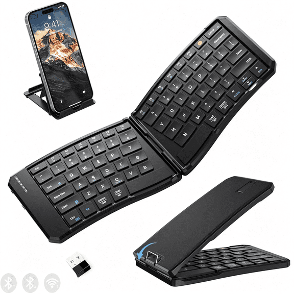 HBMYN Ergonomic Foldable Bluetooth Keyboard, 3-Device Dual-Mode | 2.4G+BTx2 Ultra Slim Portable Wireless Folding Travel Keyboard for Windows, iOS, Android, Mac, Leg Use