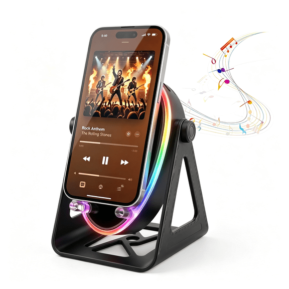 HBMYN Gifts for Men Women, Dad, Teens Wireless Induction Bluetooth Speaker Function Smartphone Holder, 360 Rotation Mount RGB Ambient Light High-Definition Stereo Sound for iPhone Android